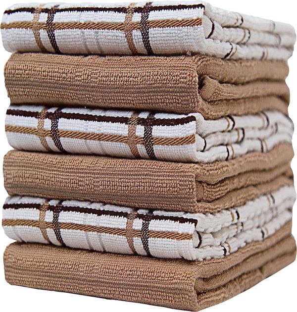 Dish Towel 16"x26" | Tan Windowpane Design | Kitchen Hand Towels 6 Pack