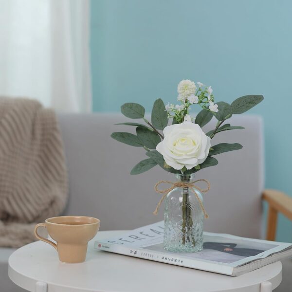 Faux Flowers with Bud Vase, Mini Artificial Silk Roses and Fake Eucalyptus in Glass - Image 5