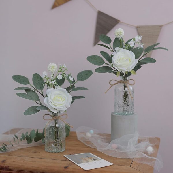 Faux Flowers with Bud Vase, Mini Artificial Silk Roses and Fake Eucalyptus in Glass - Image 3